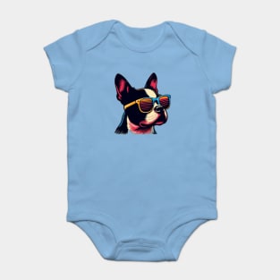 Cute Boston Terrier 80s Style Sunglasses Baby Bodysuit